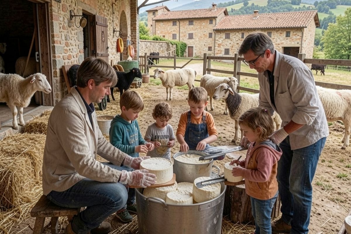 Bambini e genitori che partecipano a un laboratorio di pecorino in una fattoria vicino a Pienza, animali e ambiente rurale autentico